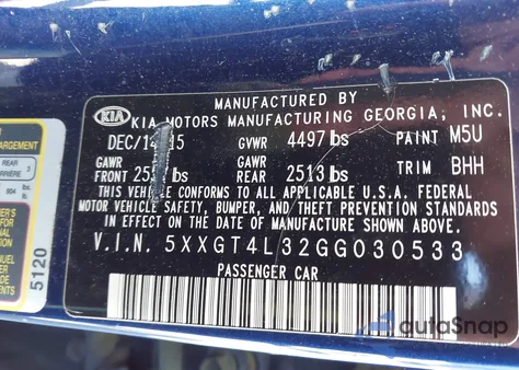 2016 Kia Optima Lx from USA, damaged, VIN 5XXGT4L32GG030533